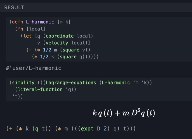 screenshot — Bemmy's result pane
            showing m·D²q(t) + k·q(t) typeset by KaTeX above its
            (slimmer, muted) raw Clojure pr-str form
