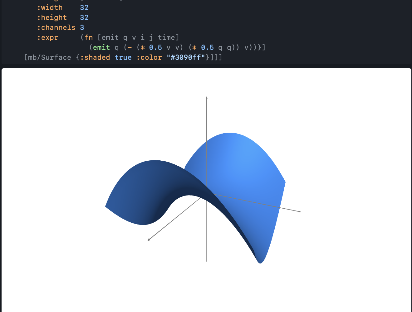 screenshot — the harmonic
            Lagrangian rendered as a 3D saddle surface in the result
            pane, blue-shaded, the cartesian frame visible behind it