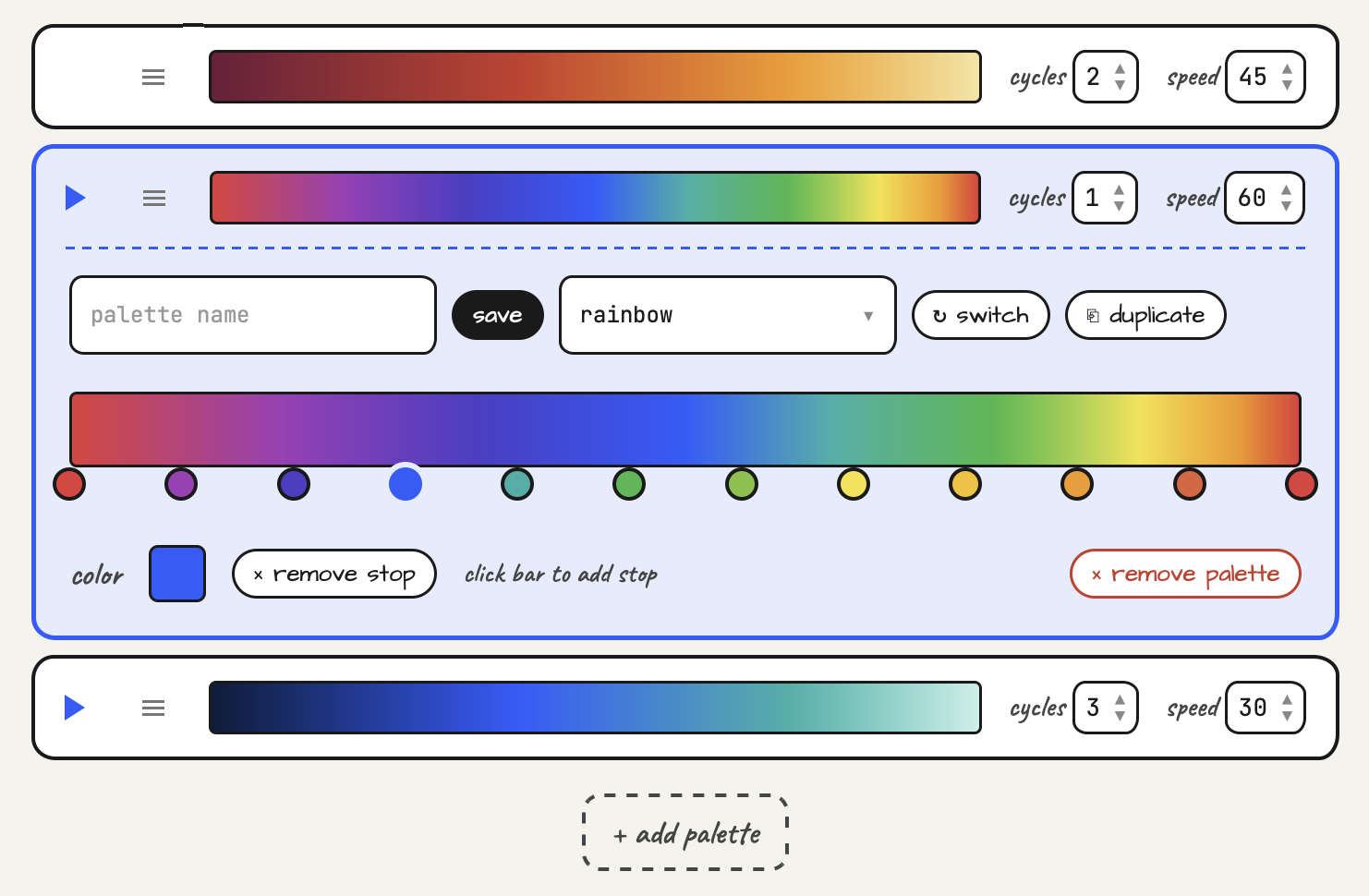 Controls for a palette monster
